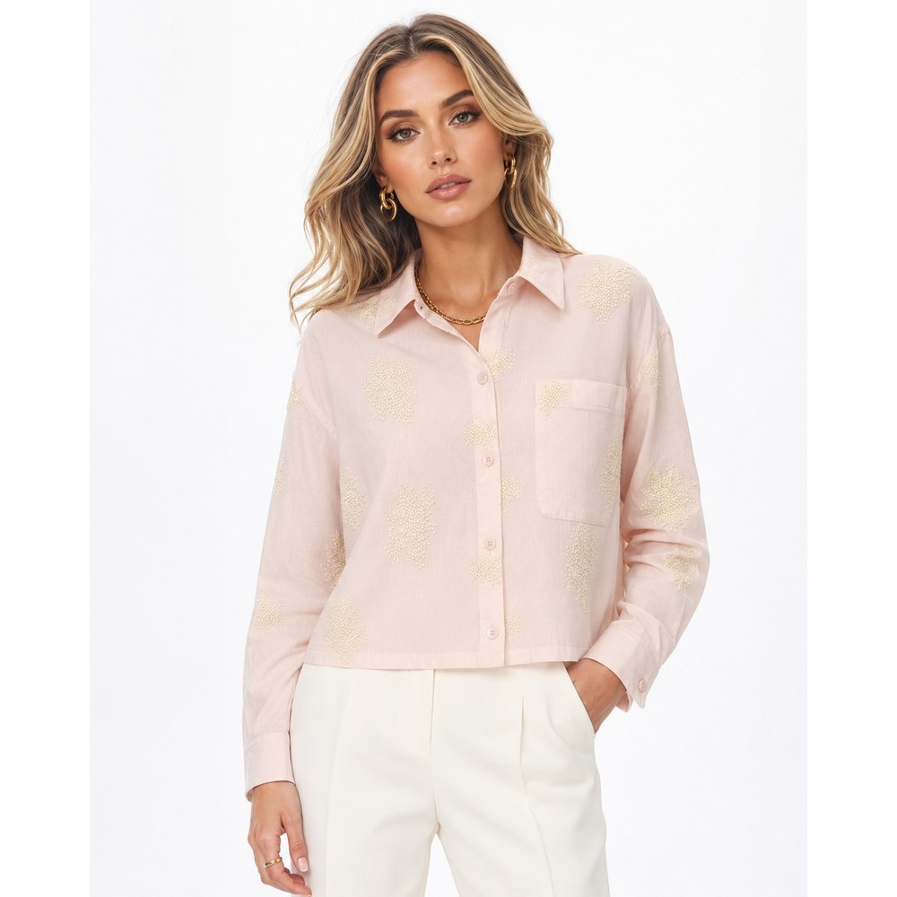 Design History Nadina Cropped Button Down Shirt Pink Cotton Tufted Large NEW